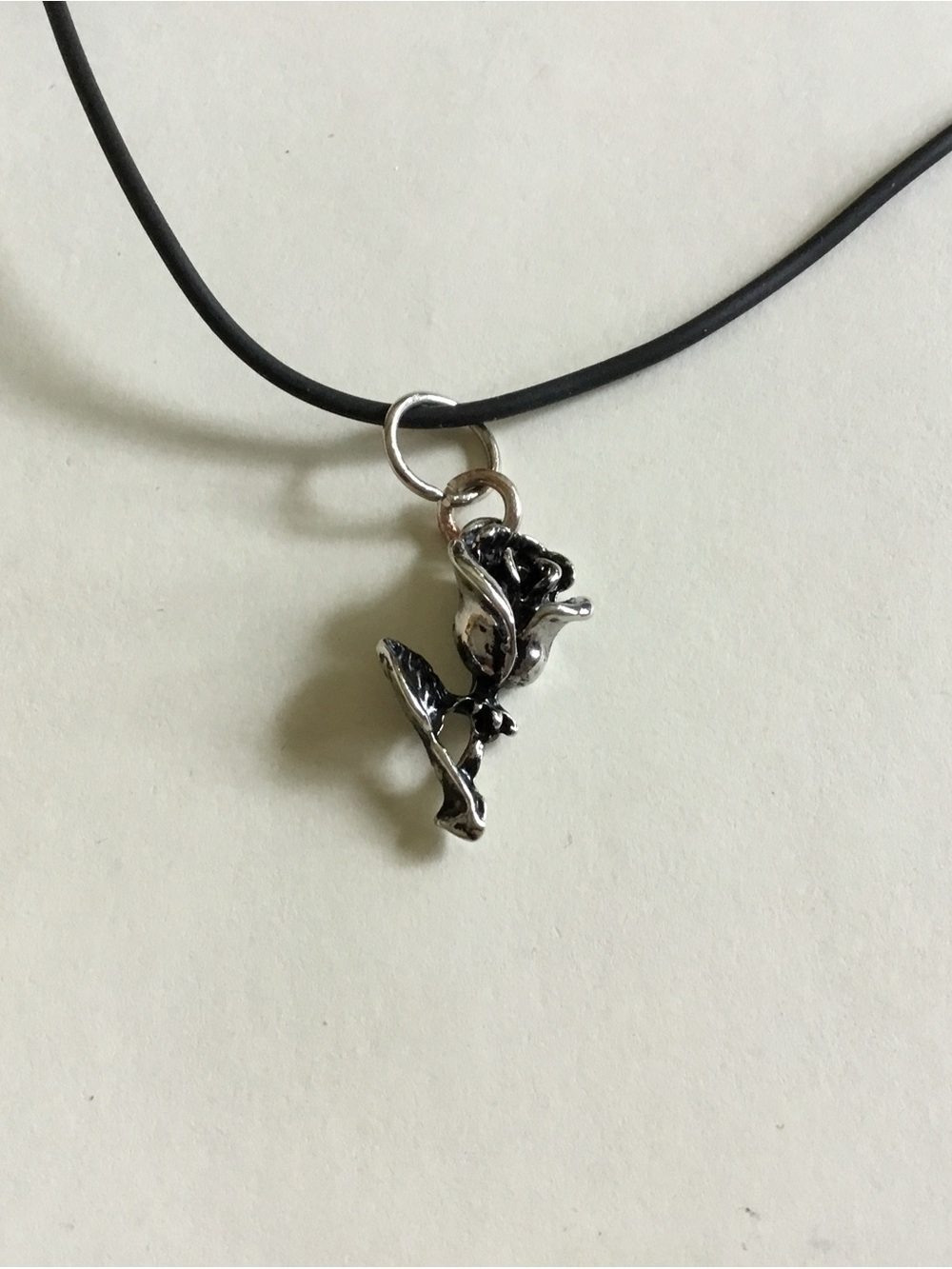 Sterling-Look Rose Charm on Black Cord Necklace